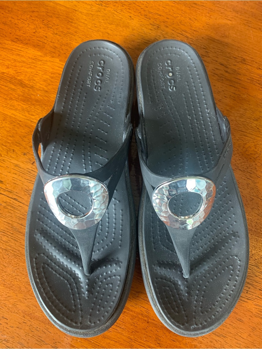 CROCS Black Women's Thong Sandal with Silver Metallic Accent